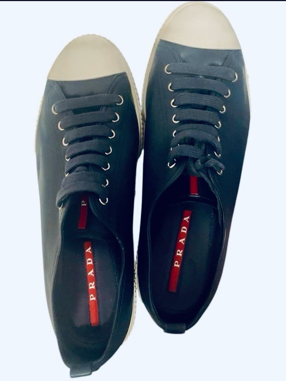 Prada Men's Navy Blue & White Cap-Toe Leather Sneakers (4E2753)
